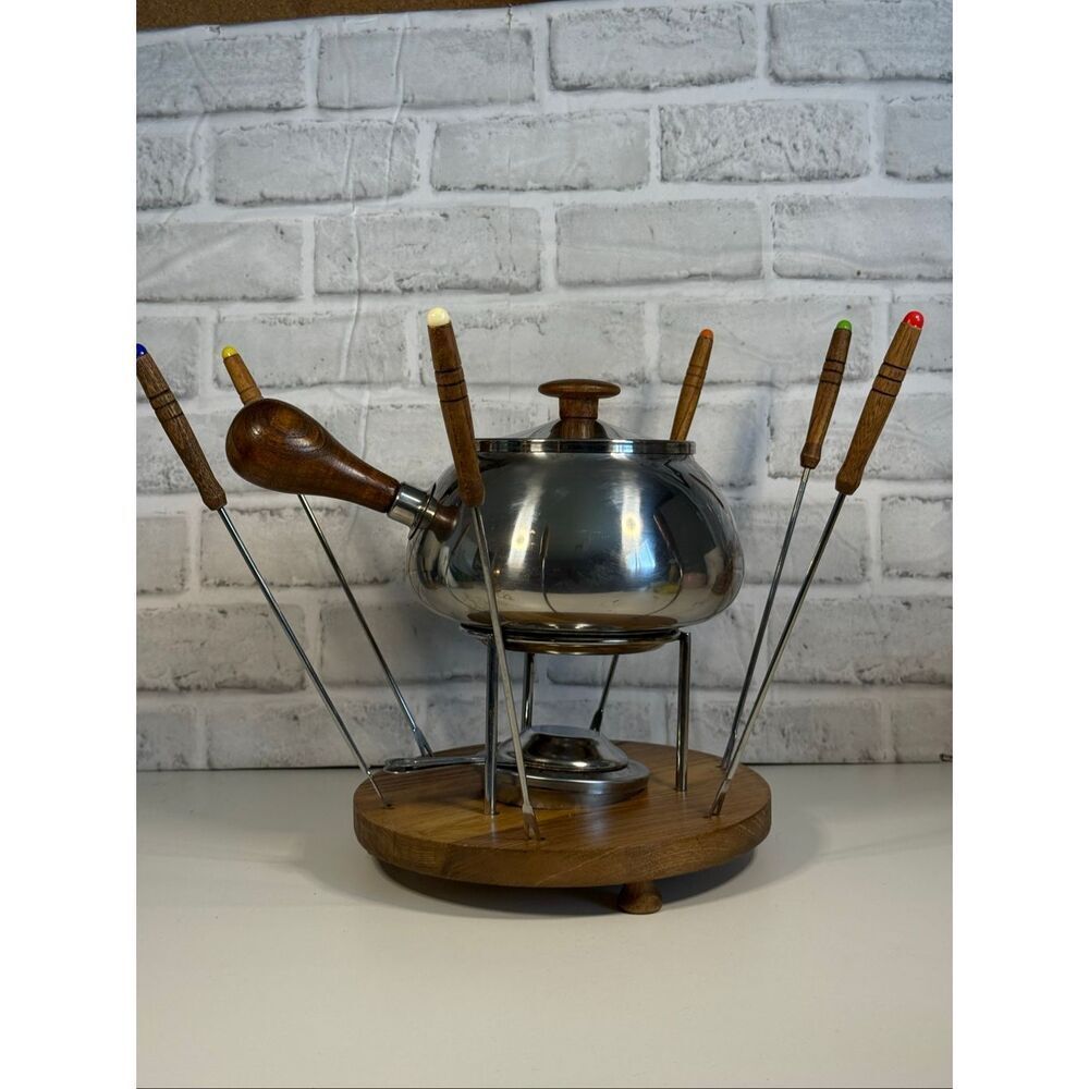 Vintage MCM Fondue Set 18/8 Stainless Steel Wood Mint Condition